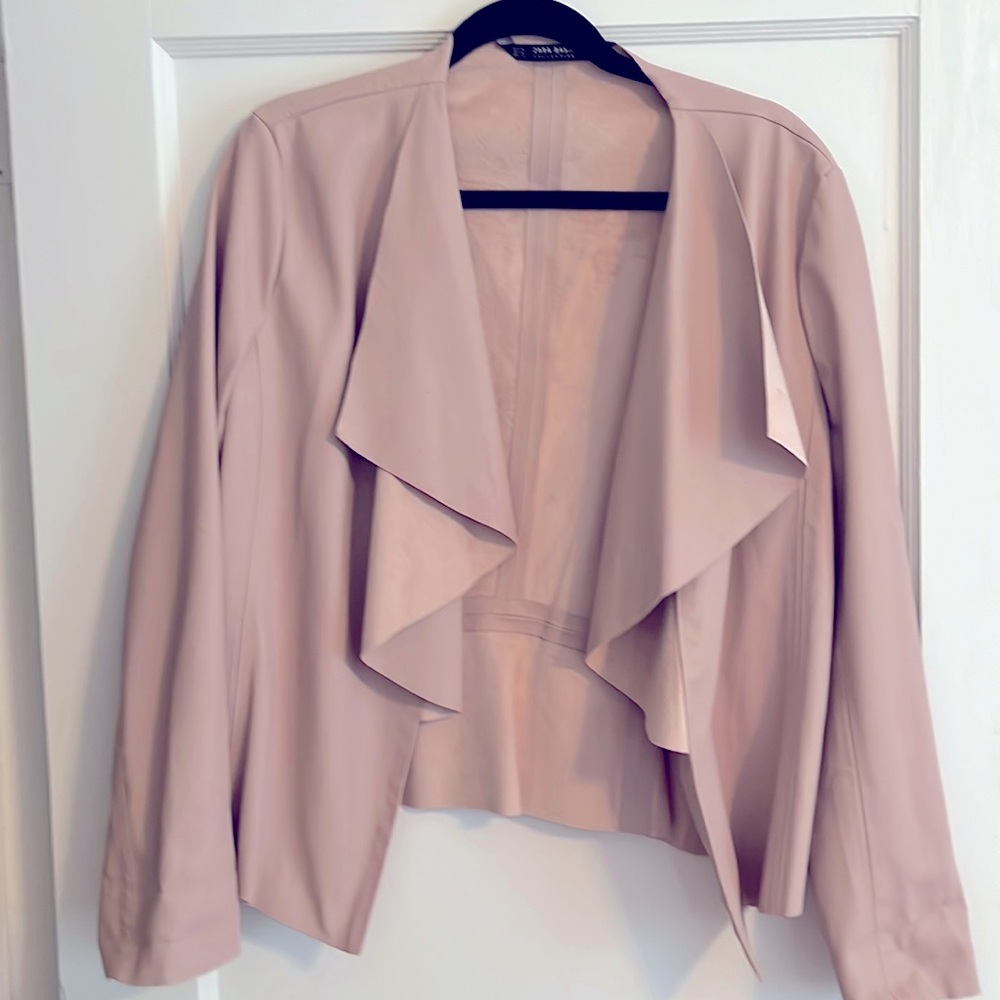 Zara leather jacket with one button at waist.